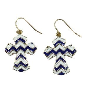 Navy & White Chevron Cross Earrings
